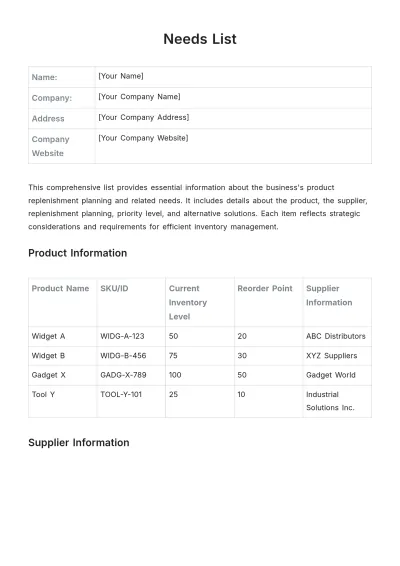 Free Needs List Template to Edit Online