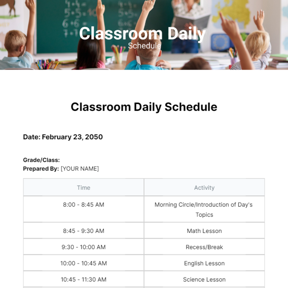 Classroom Daily Schedule Template Edit Online And Download Example