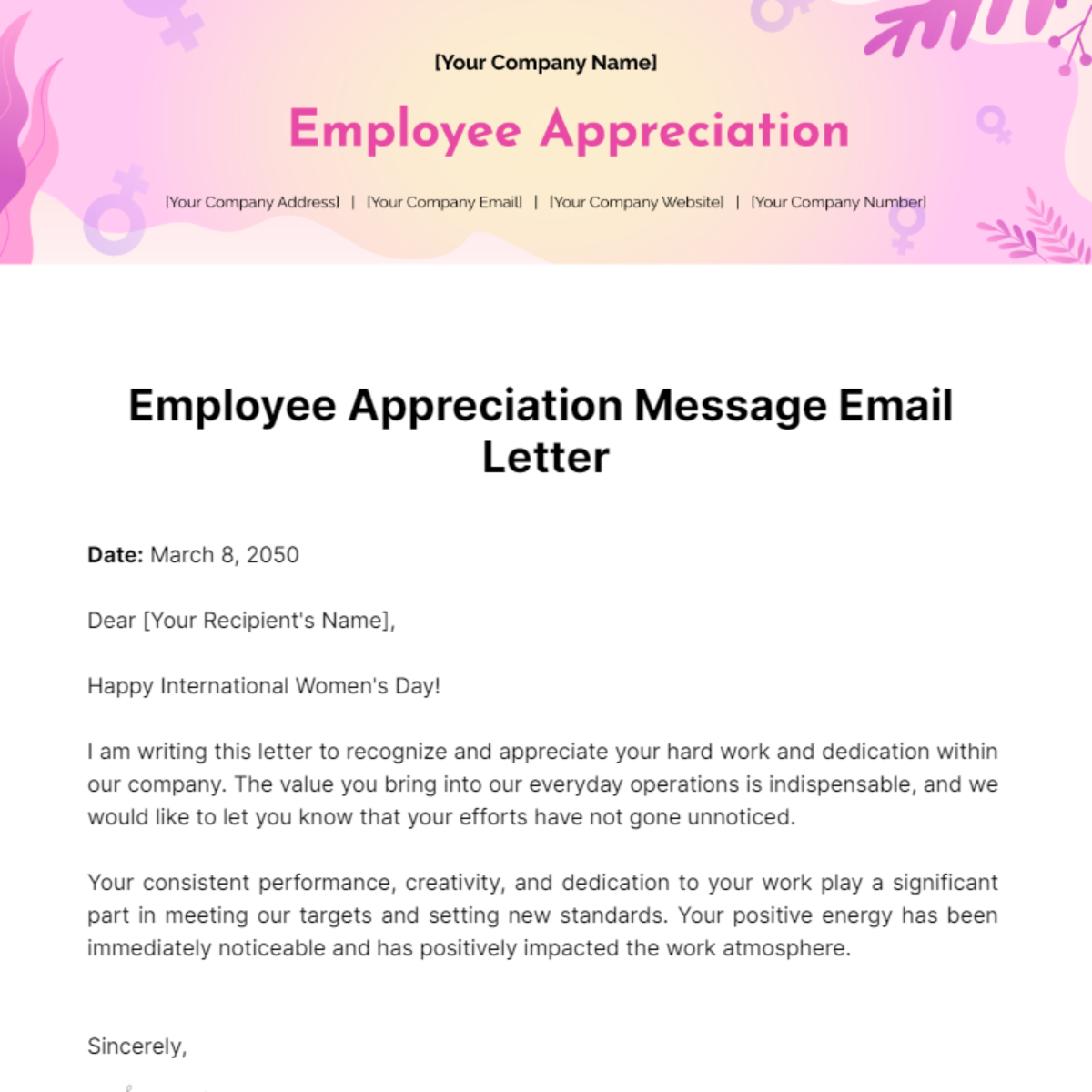 Employee Appreciation Message Email Letter Template