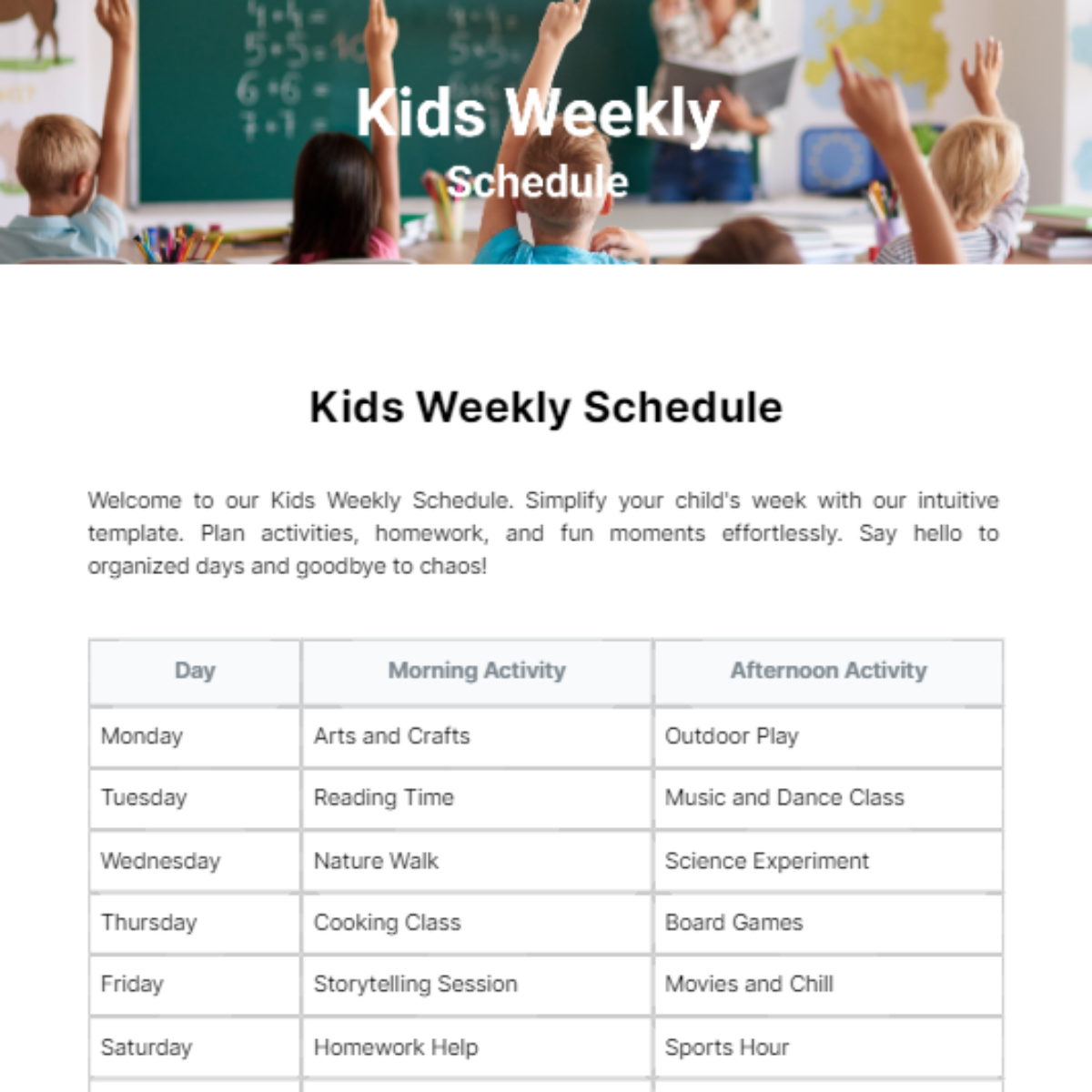 Kids Weekly Schedule Template - Edit Online & Download