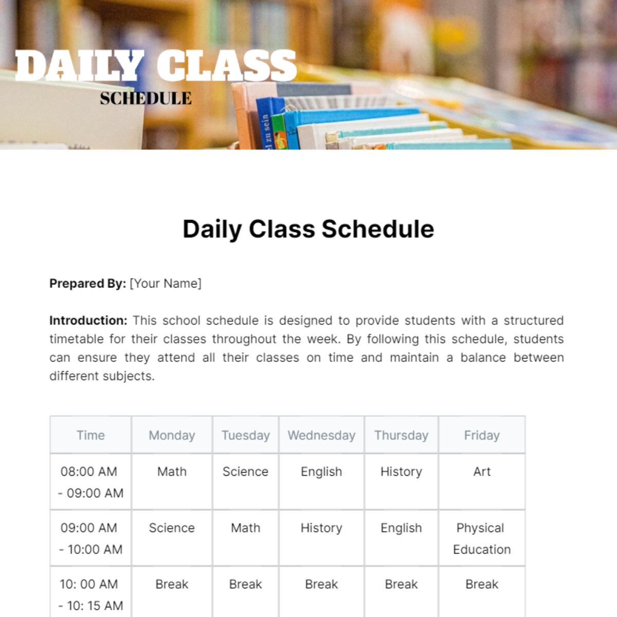 Daily Class Schedule Template - Edit Online & Download