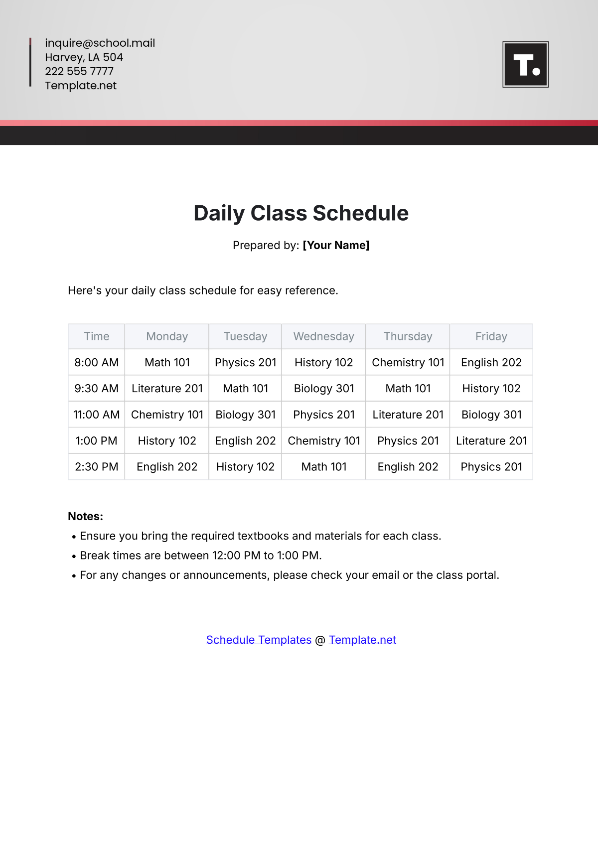 Daily Class Schedule Template - Edit Online & Download