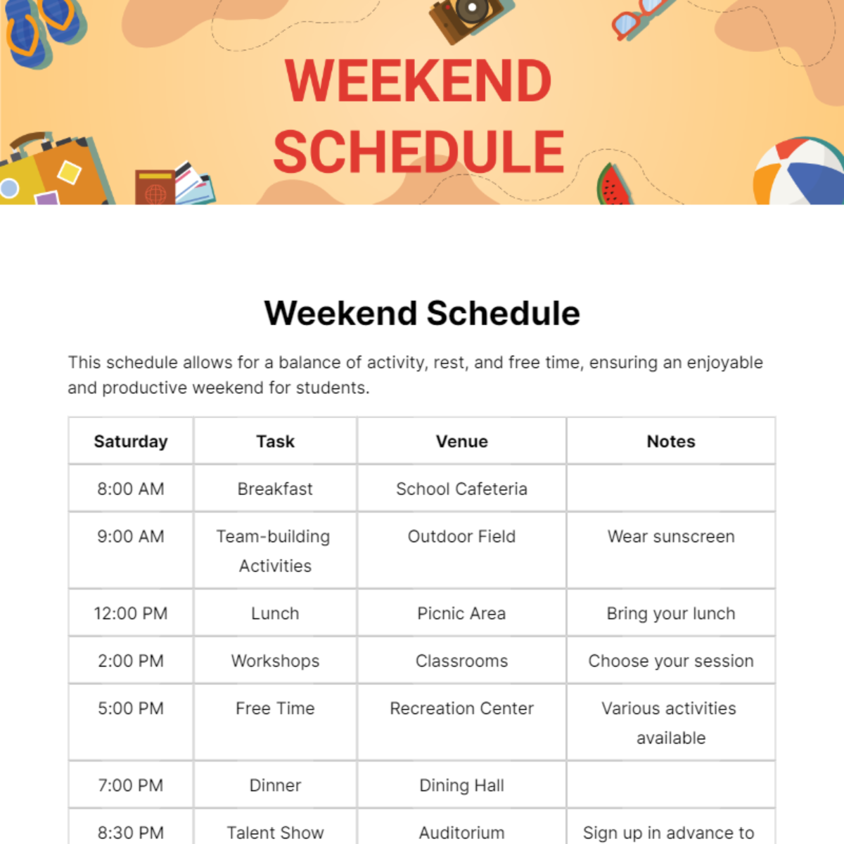 Weekend Schedule Template - Edit Online & Download