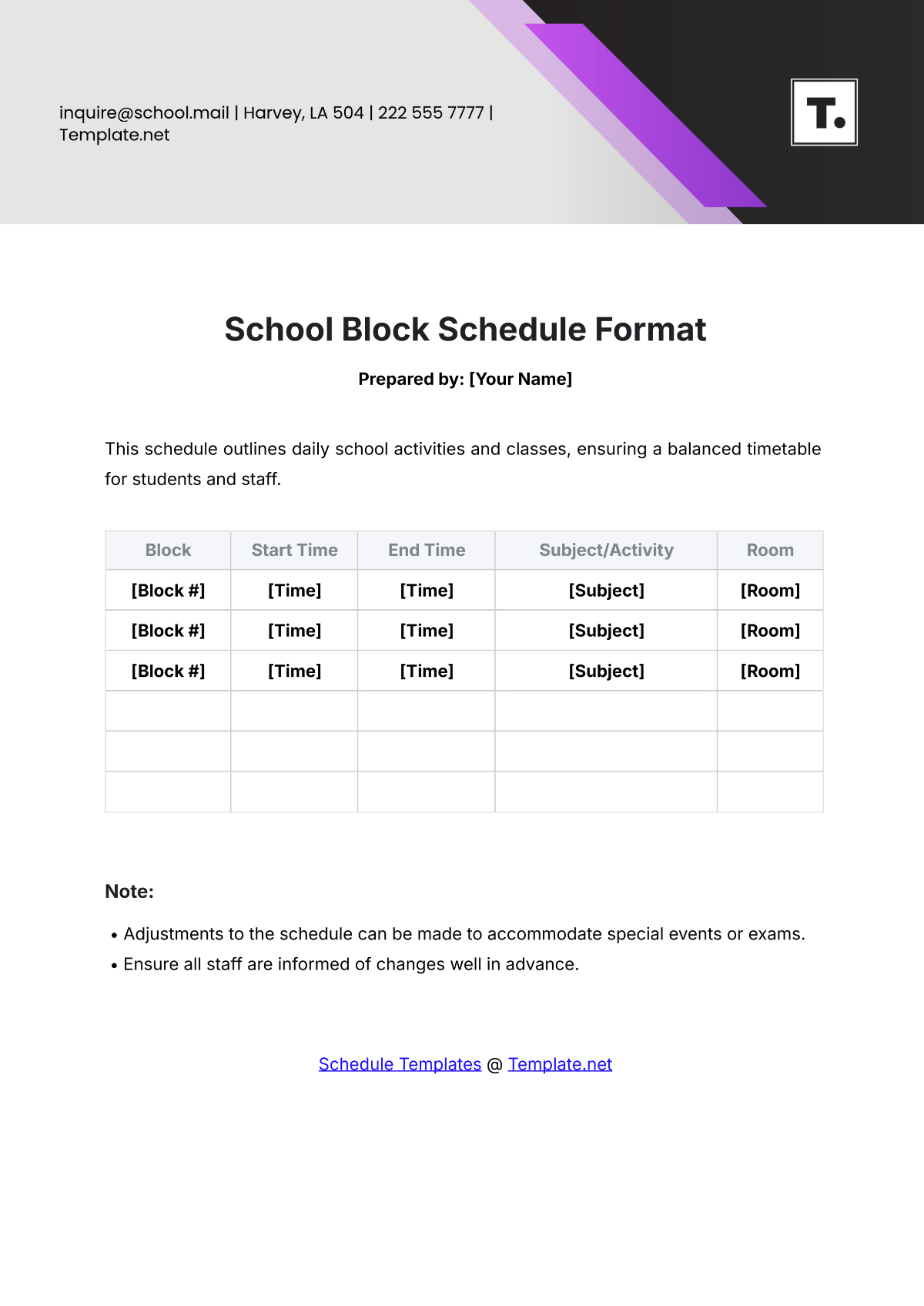 School Block Schedule Format Template - Edit Online & Download