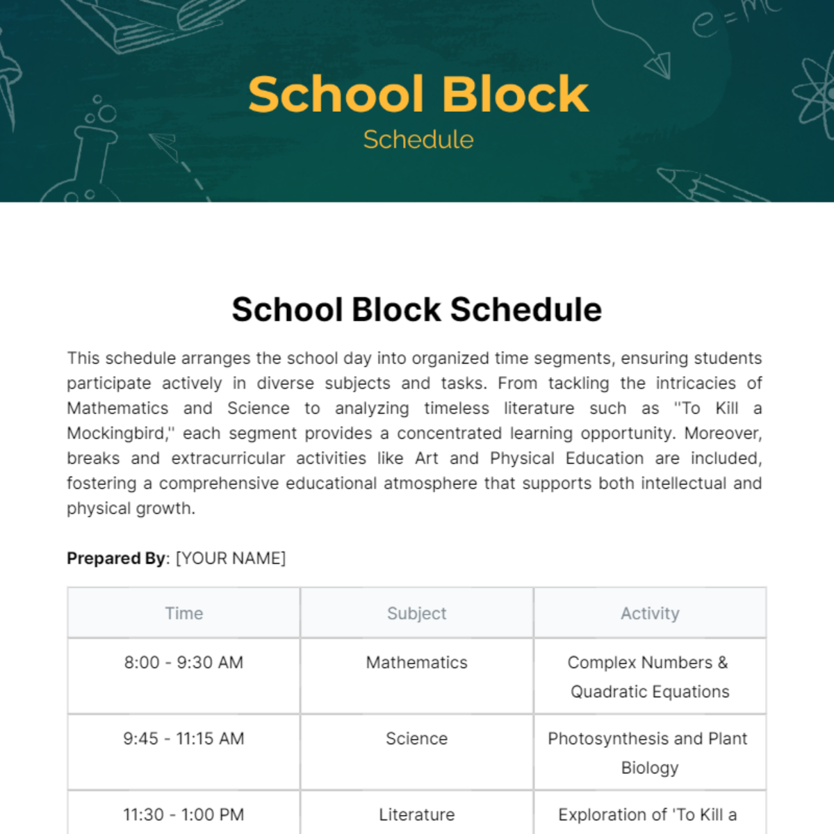 School Block Schedule Template - Edit Online & Download