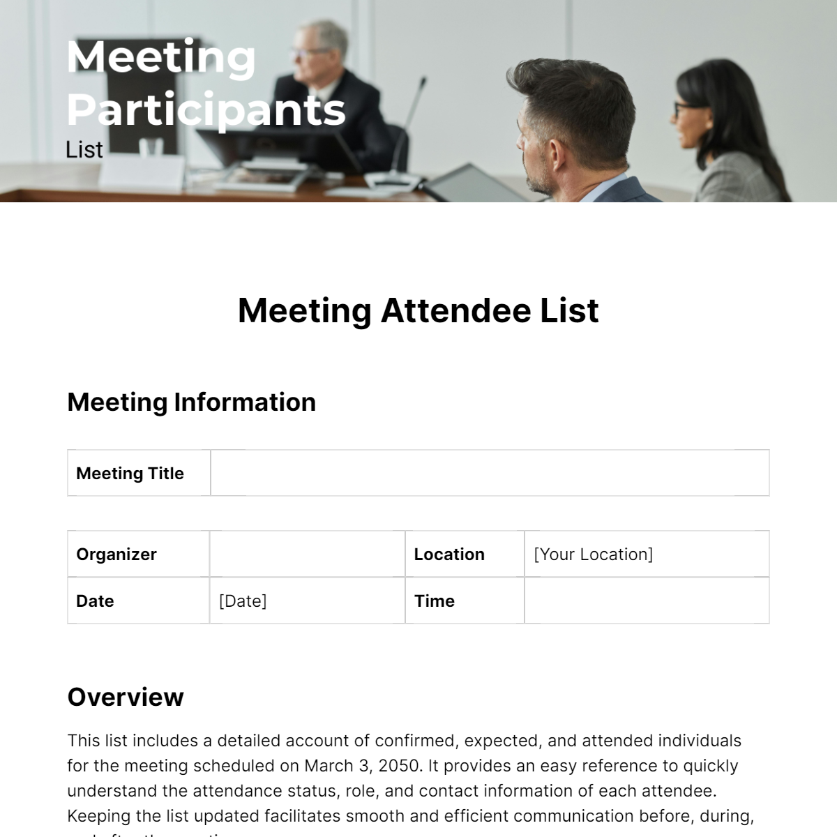 Meeting Attendee List Template