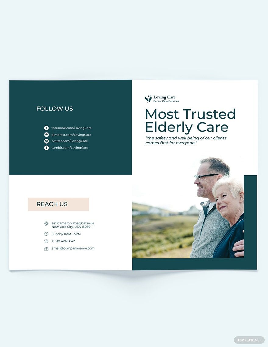 Elder/Senior Care Bi-Fold brochure Template in Word, Google Docs, Illustrator, PSD, Apple Pages, Publisher, InDesign