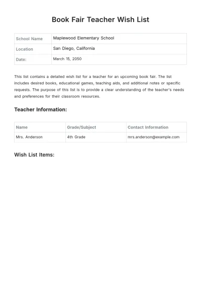 Free Book Fair Teacher Wish List Template to Edit Online