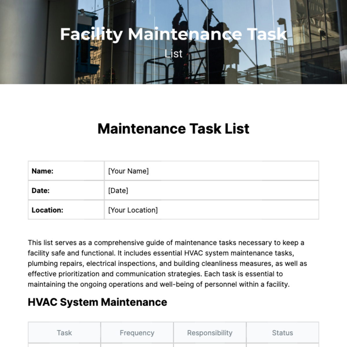 Maintenance Task List Template