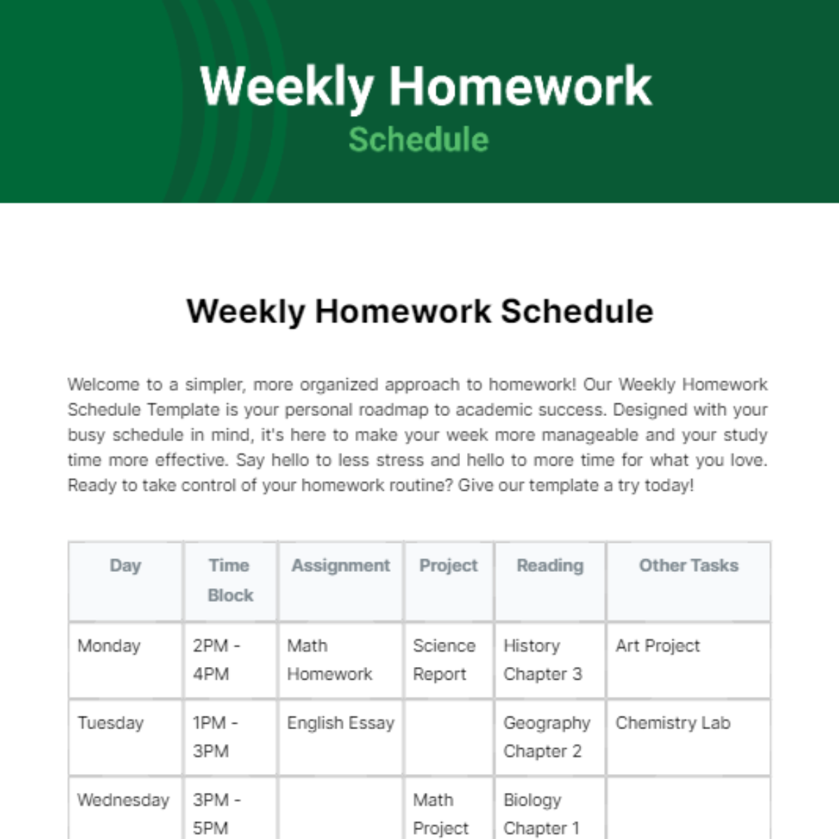 Weekly Homework Schedule Template - Edit Online & Download