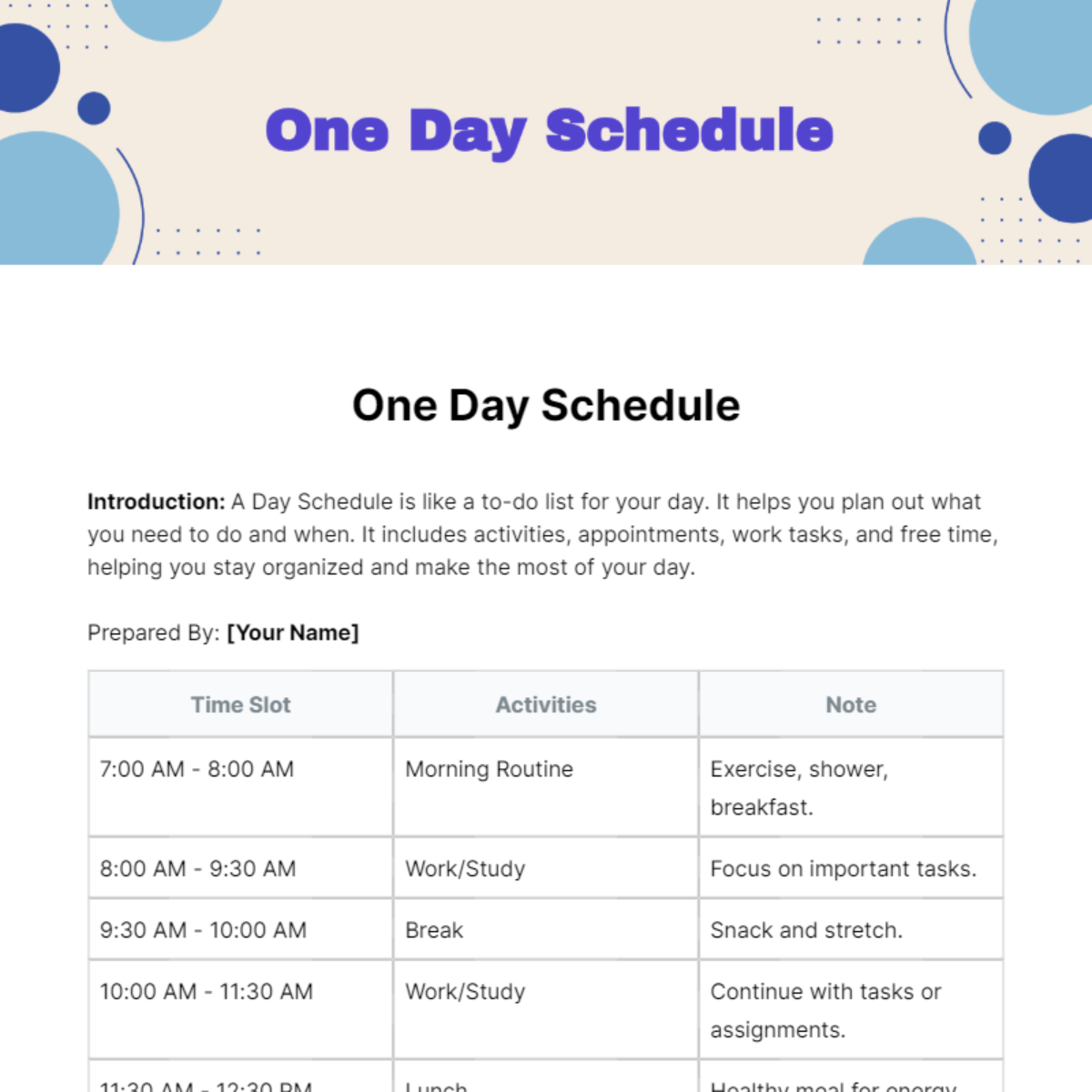 One Day Schedule Template - Edit Online & Download