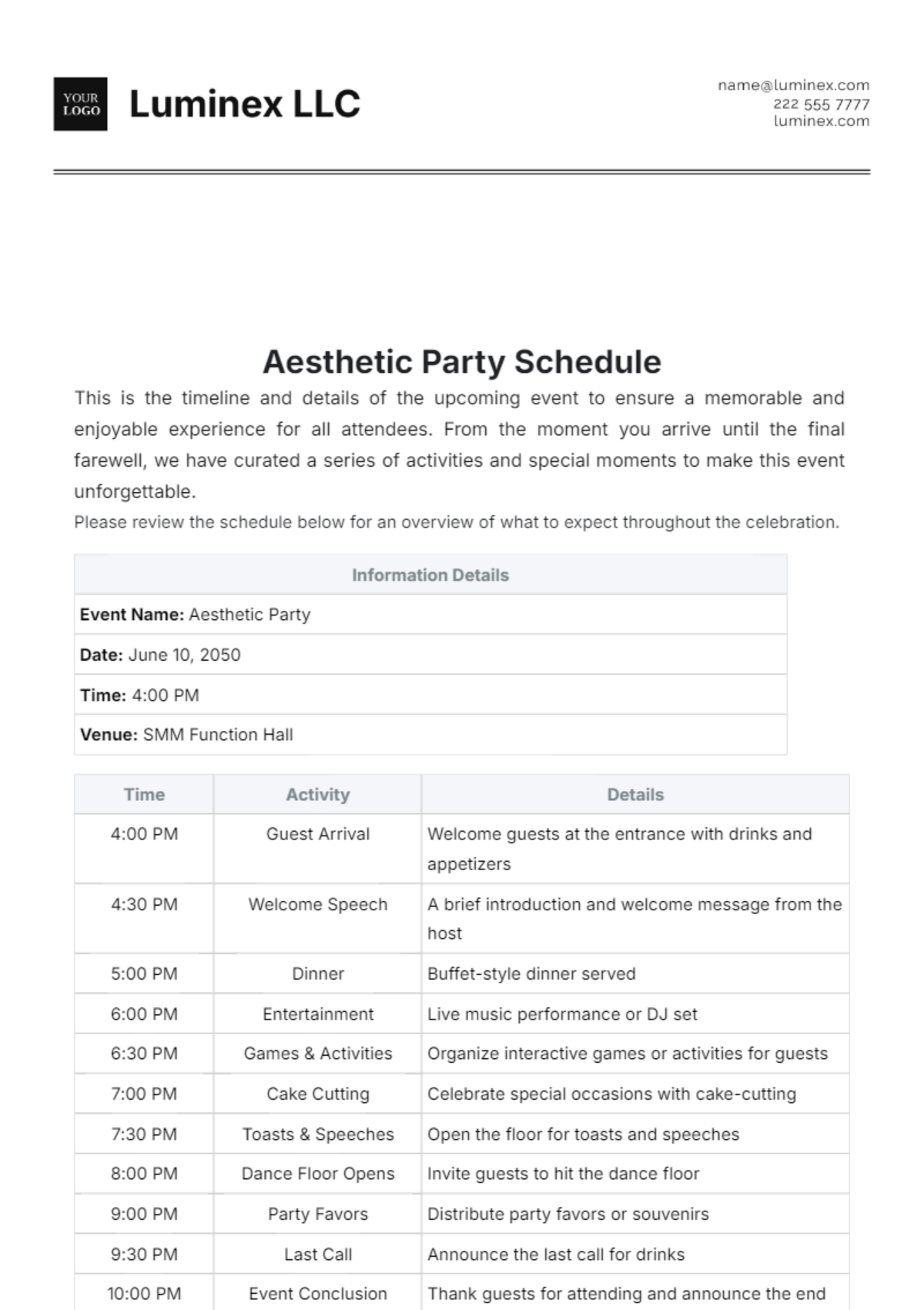 Aesthetic Party Schedule Template - Edit Online & Download