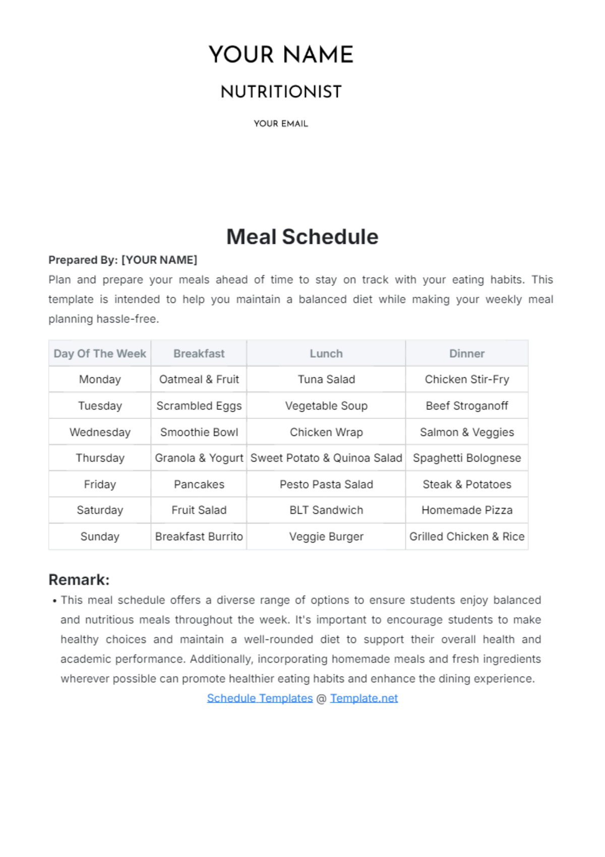 Meal Schedule Template - Edit Online & Download