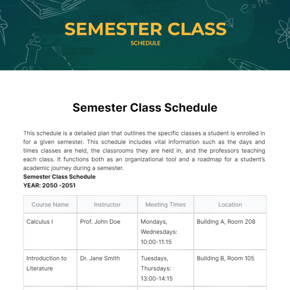 Semester Class Schedule Template - Edit Online & Download