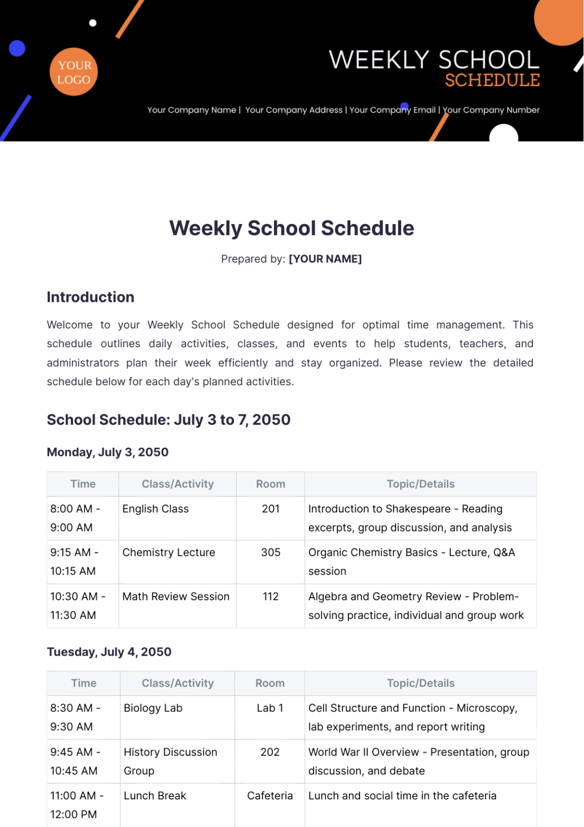 Weekly School Schedule Template - Edit Online & Download