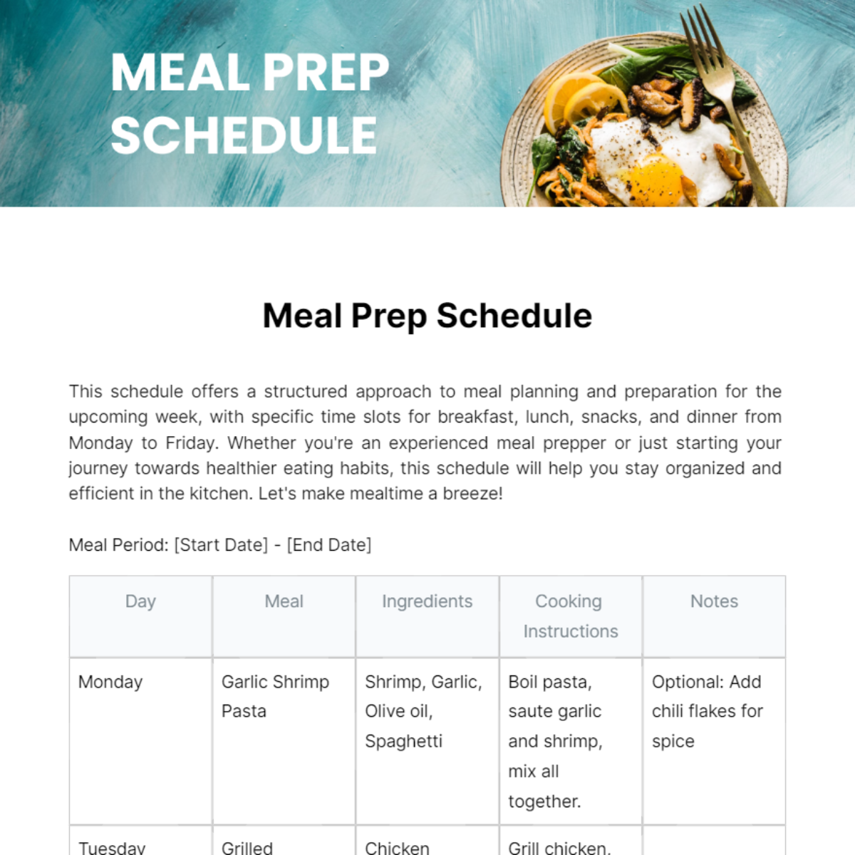 Meal Prep Schedule Template - Edit Online & Download