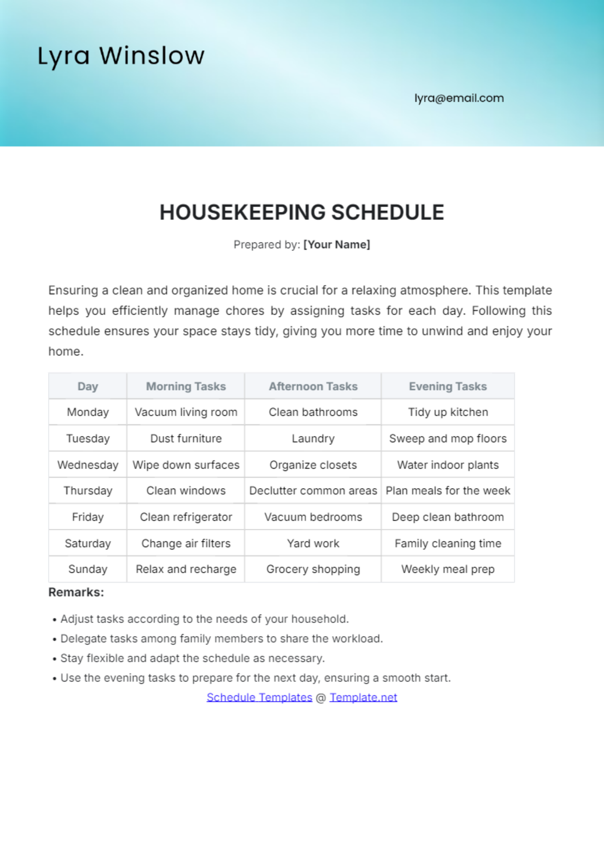 Housekeeping Schedule Template - Edit Online & Download