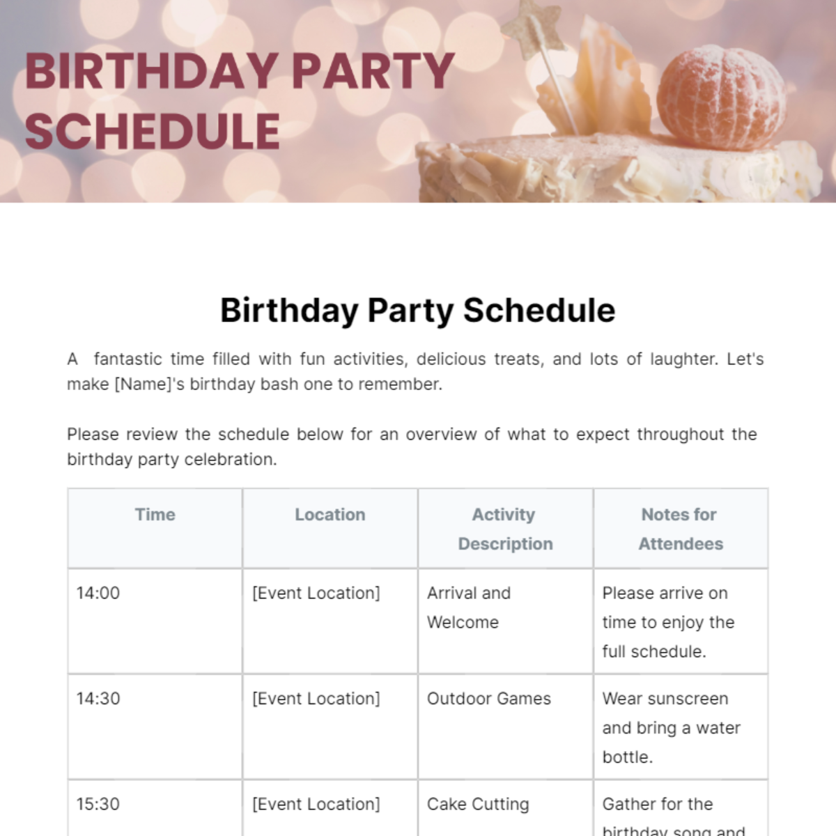 Birthday Party Schedule Template Edit Online & Download Example