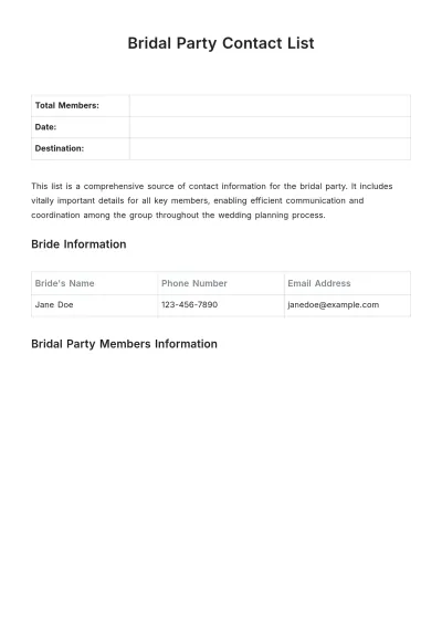 Free Bridal Party Contact List Template to Edit Online