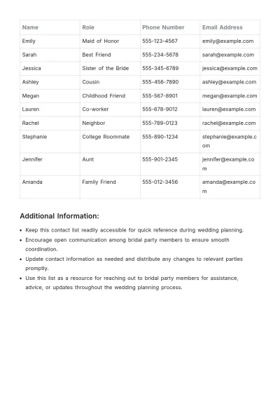 Free Bridal Party Contact List Template to Edit Online