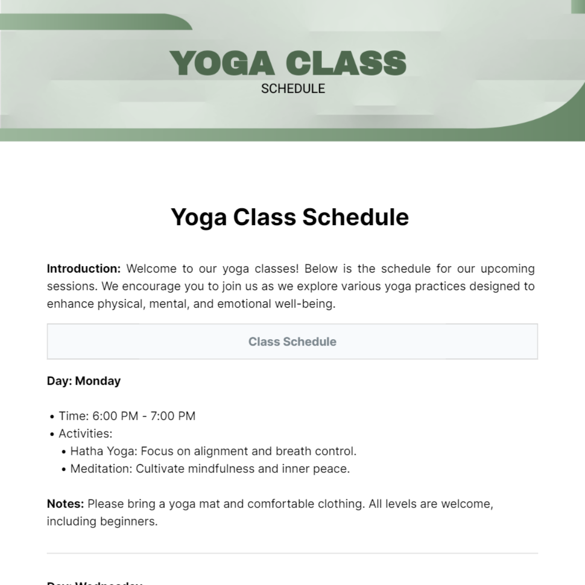 Yoga Class Schedule Template