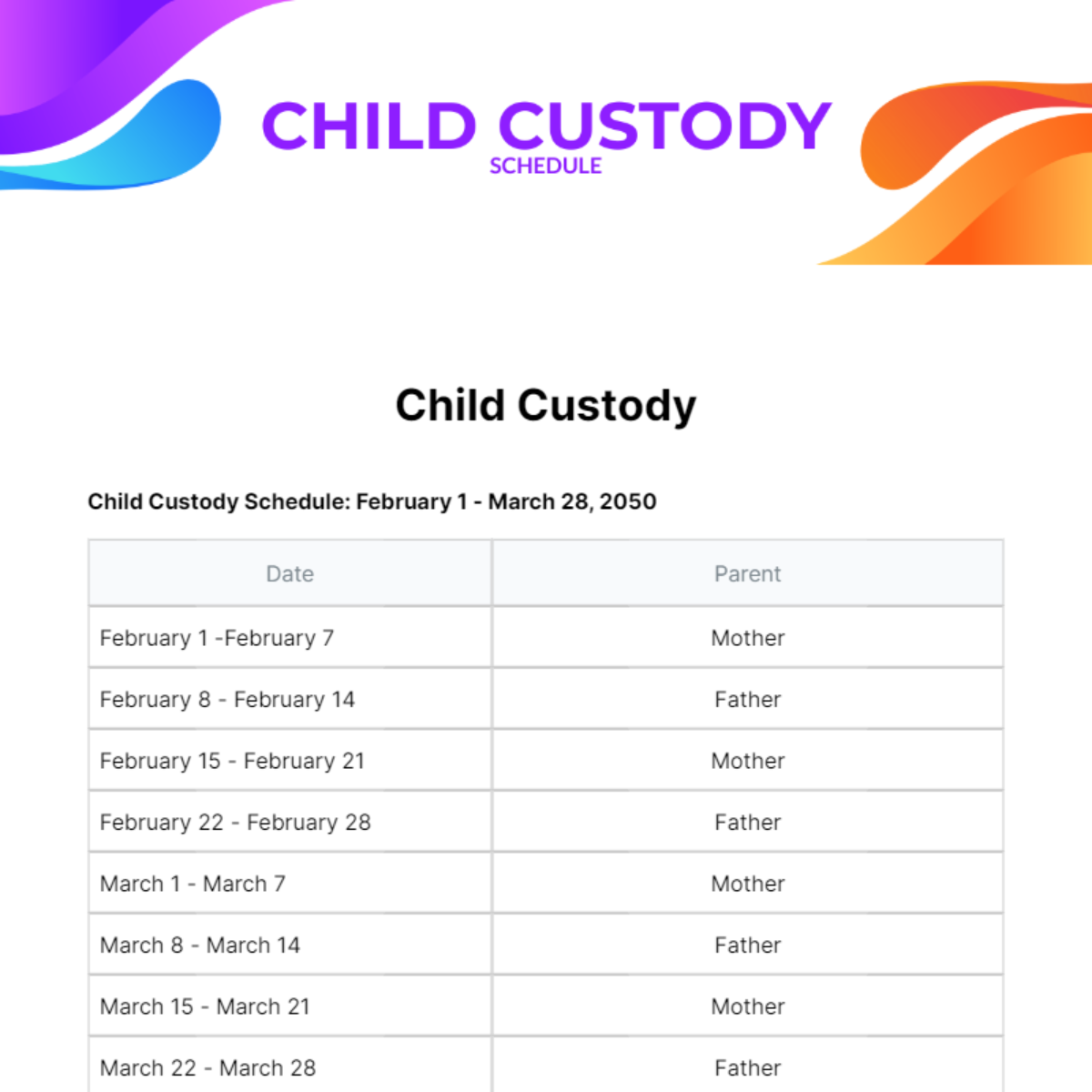 Child Custody Schedule Template - Edit Online & Download