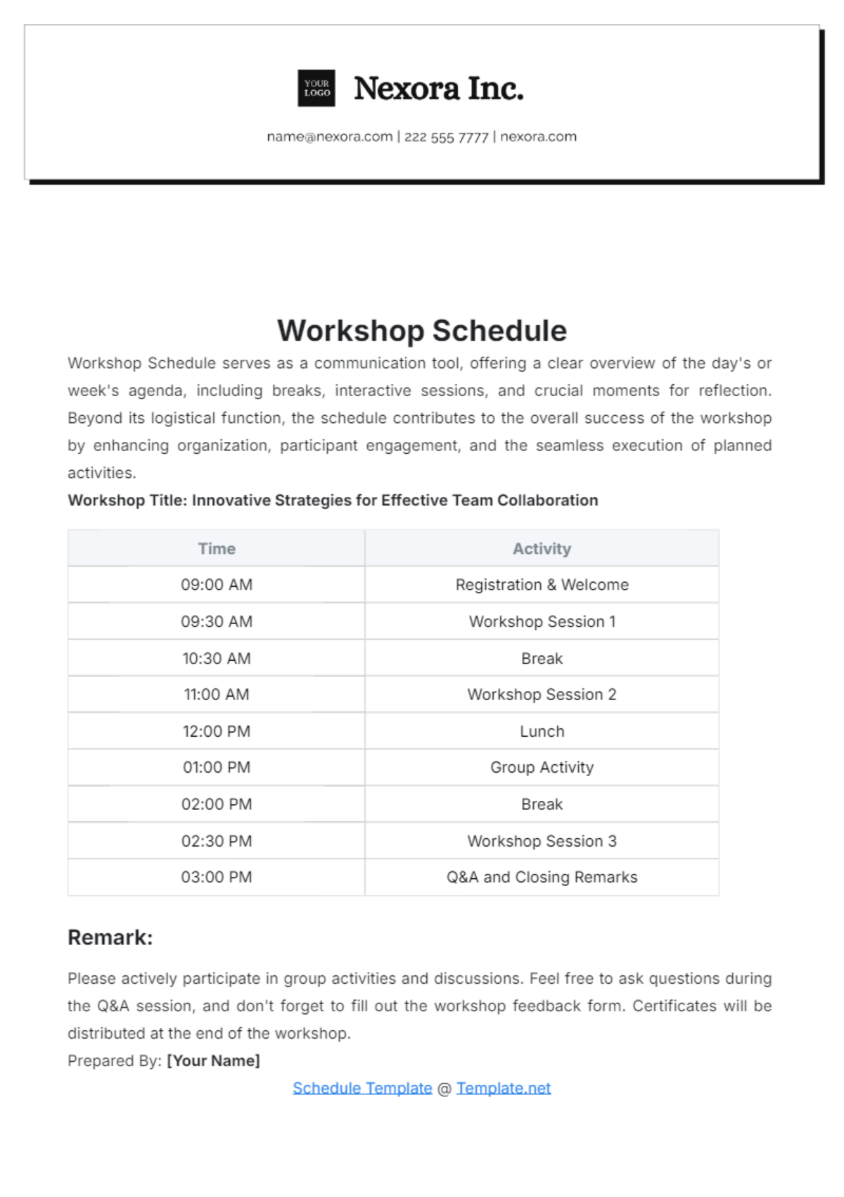 Workshop Schedule Template - Edit Online & Download