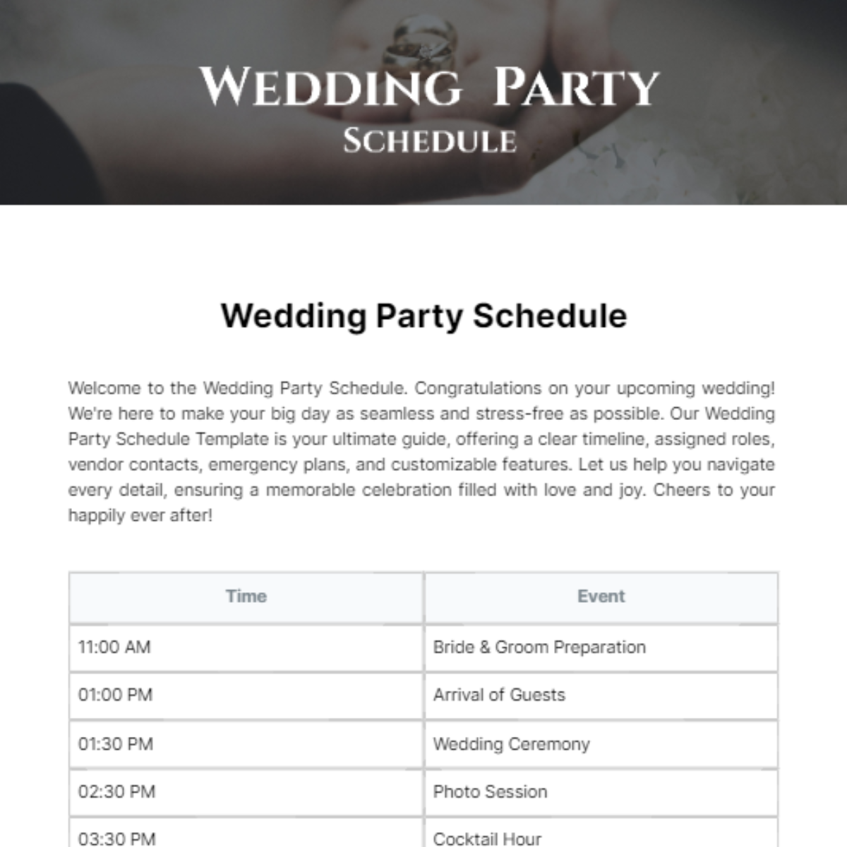 Wedding Party Schedule Template - Edit Online & Download