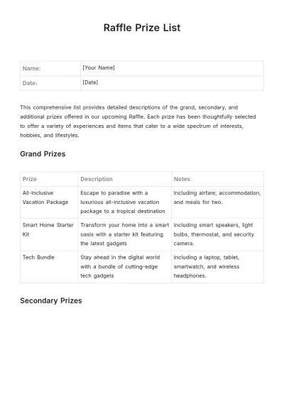 Free Raffle Prize List Template to Edit Online
