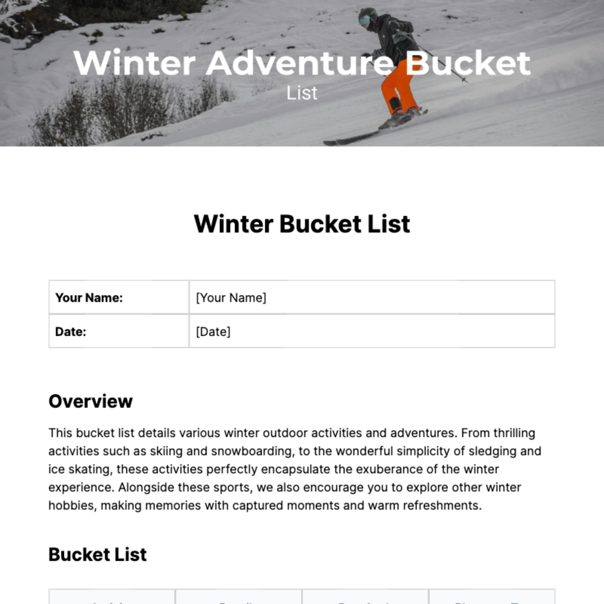 Winter Bucket List Template