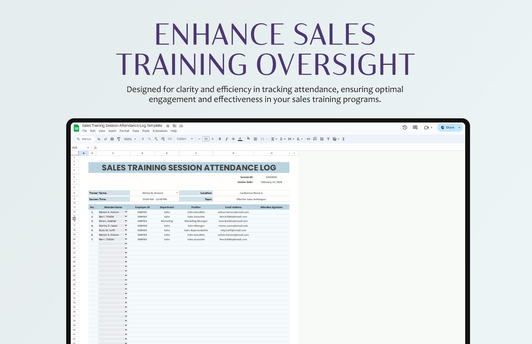 Sales Training Session Attendance Log Template