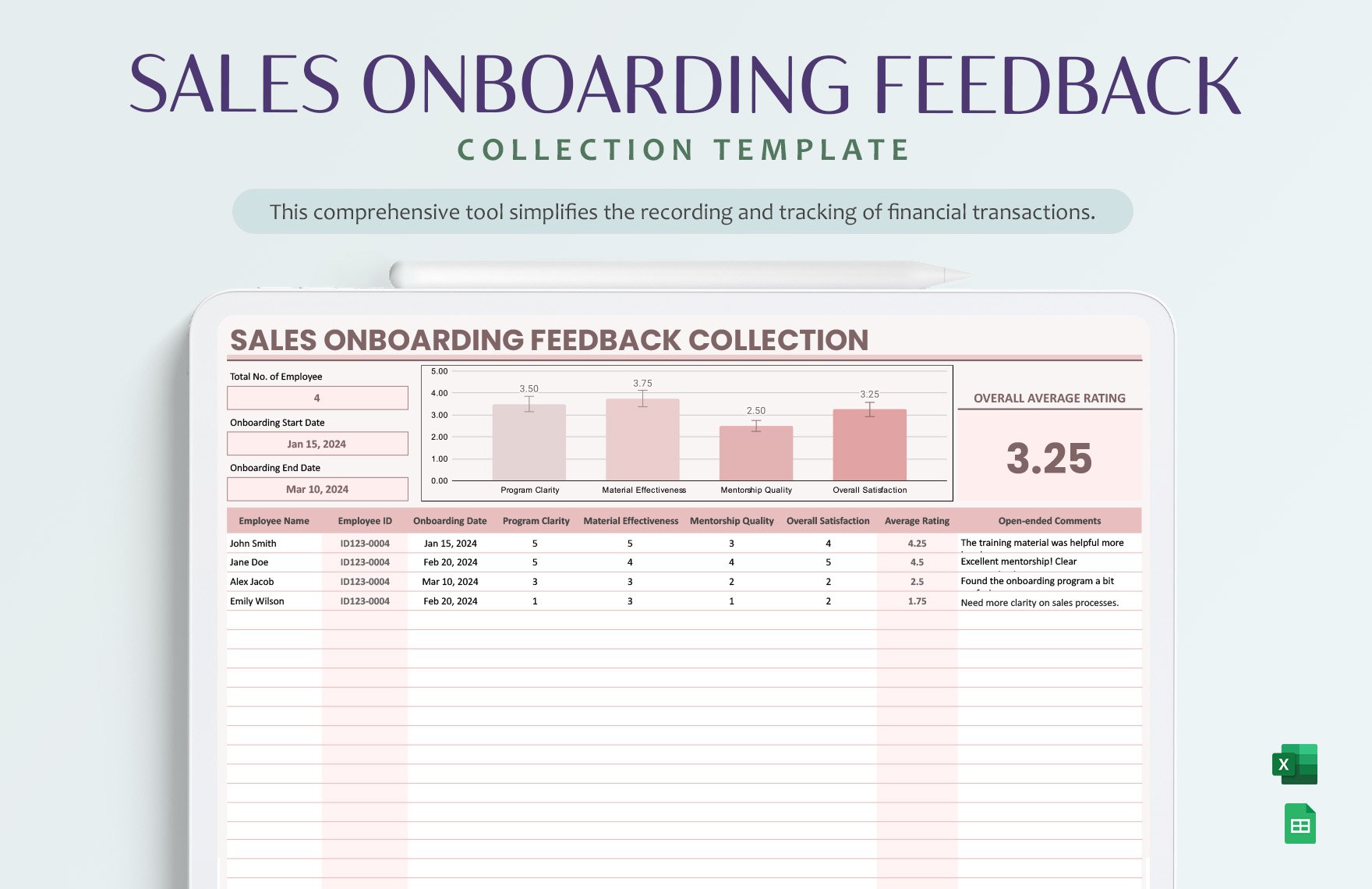 Sales Onboarding Feedback Collection Template in Excel, Google Sheets