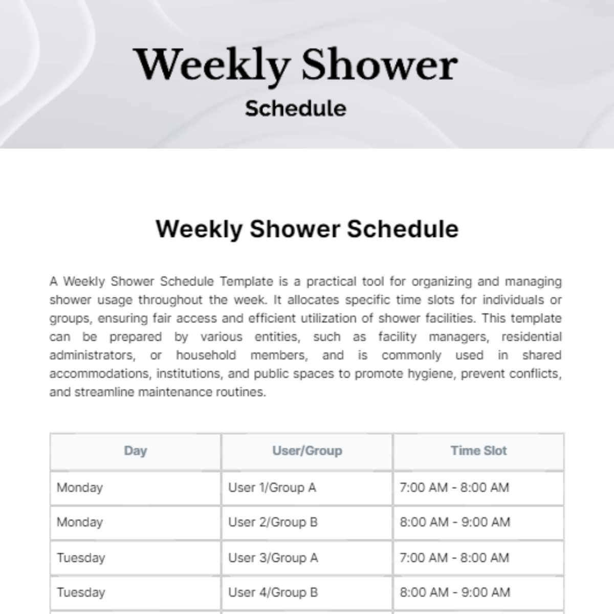 Weekly Shower Schedule Template - Edit Online & Download Example 