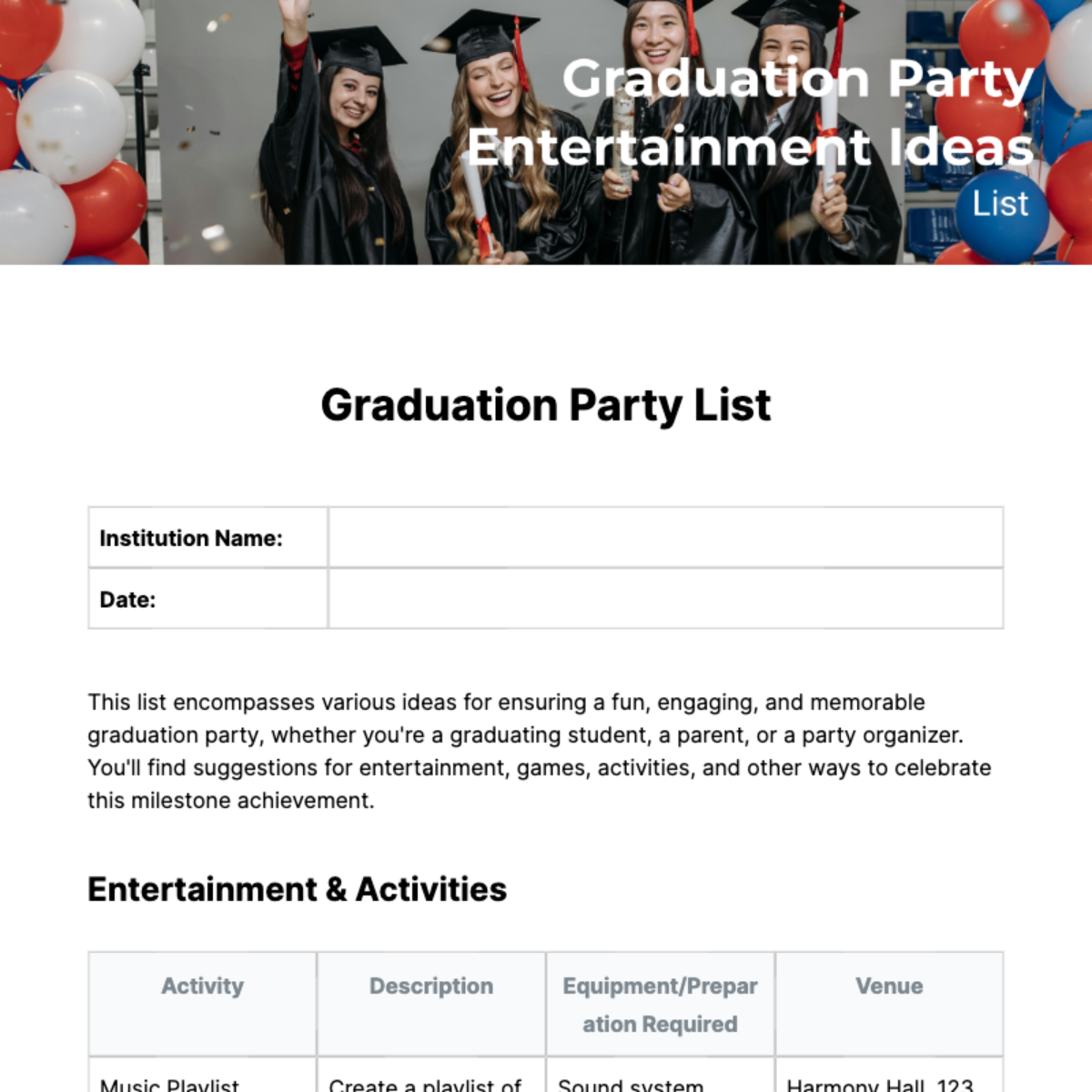 Graduation Party List Template