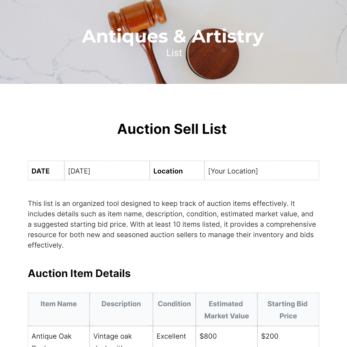 Auction Sell List Template