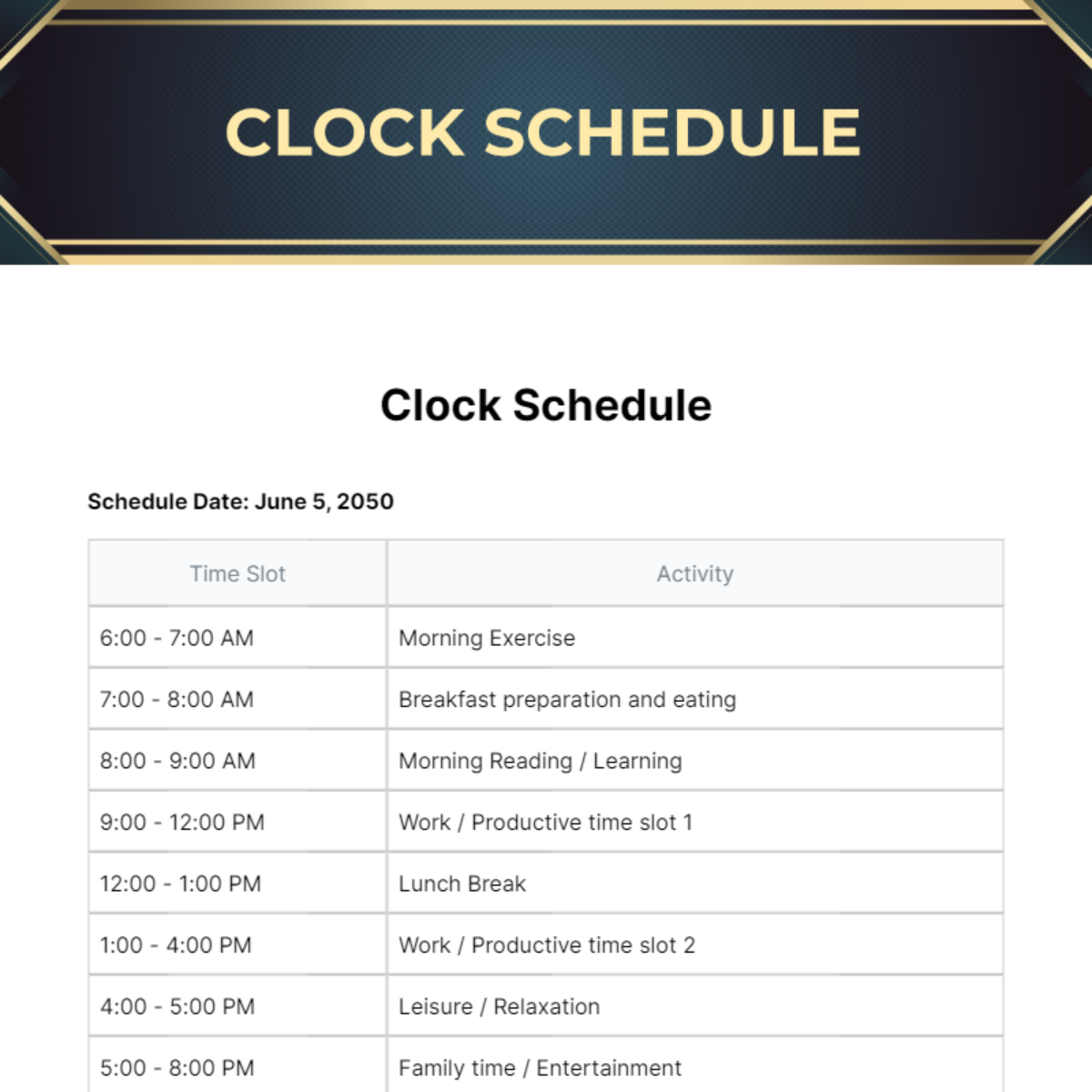 Free Clock Schedule Template