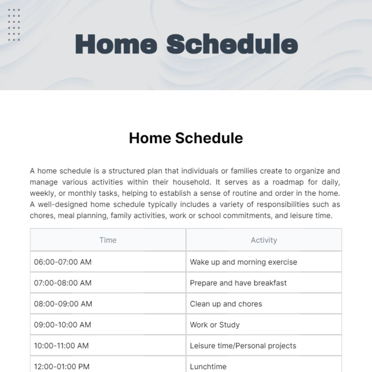 Home Schedule Template