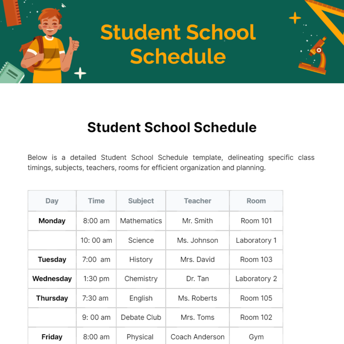 Student School Schedule Template