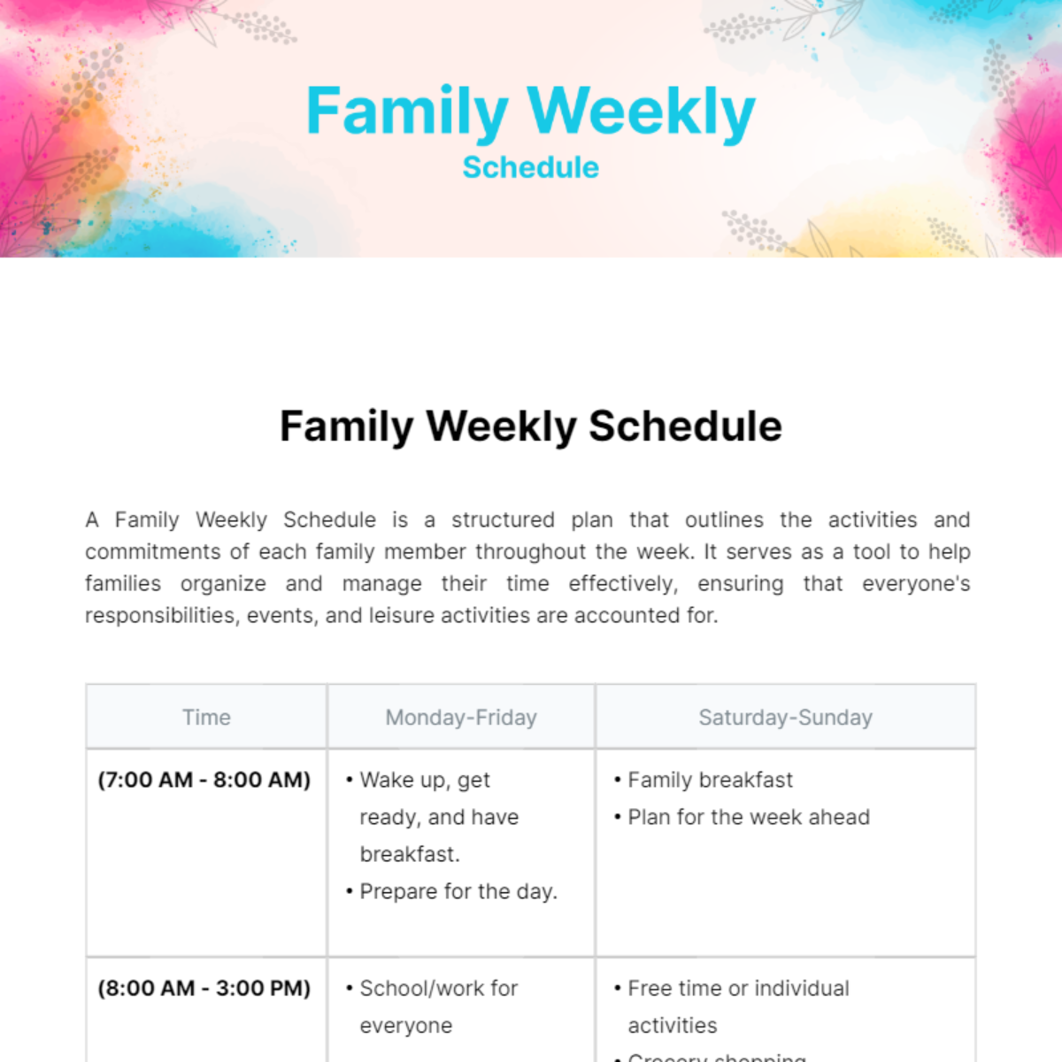 Family Weekly Schedule Template - Edit Online & Download