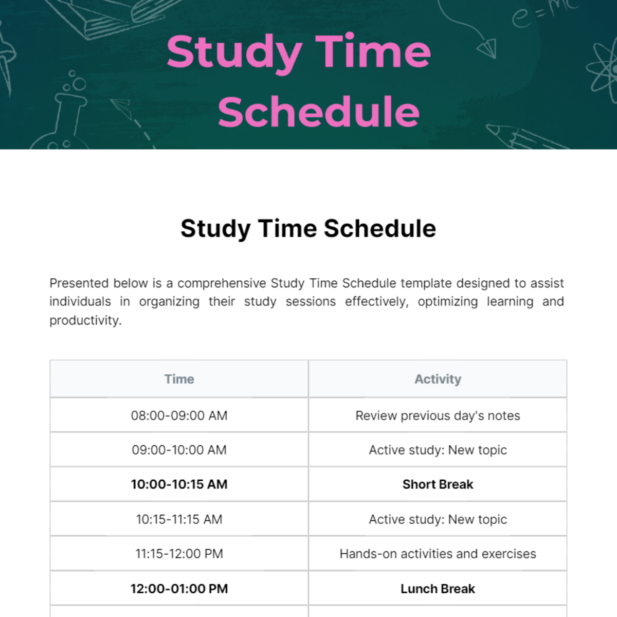 Study Time Schedule Template