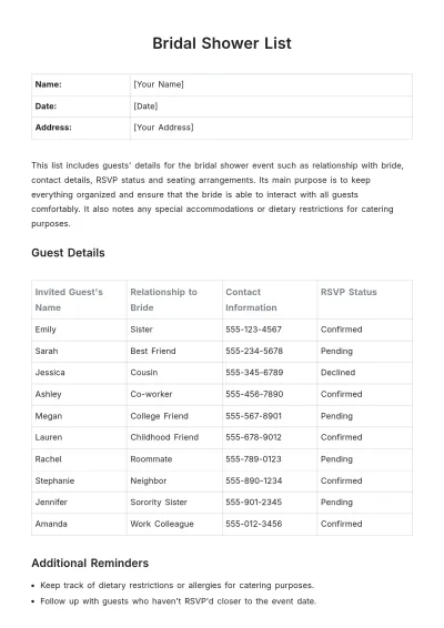 Free Bridal Shower List Template to Edit Online