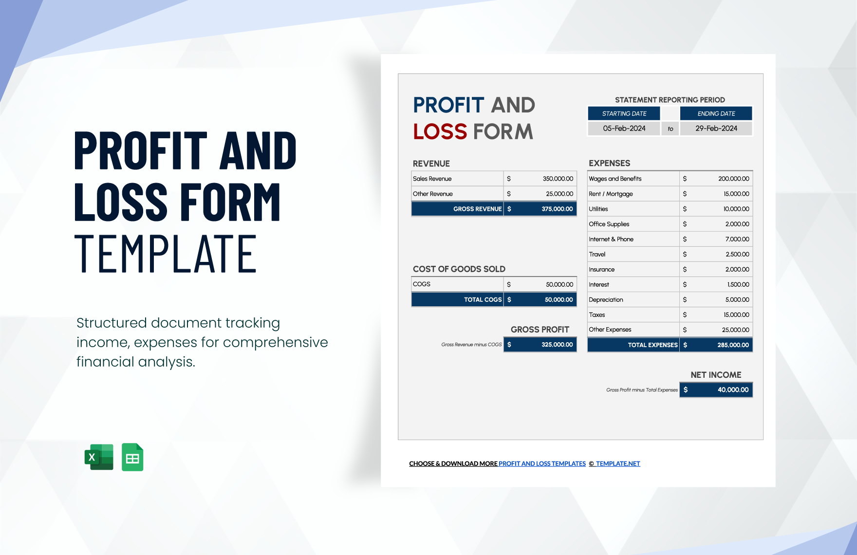 Free Profit and Loss Form Template in Excel, Google Sheets