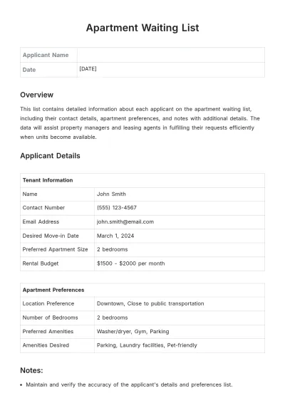 Free Apartment Waiting List Template to Edit Online