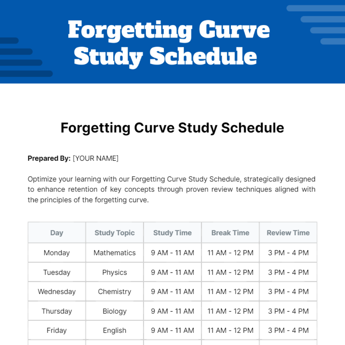 Forgetting Curve Study Schedule Template