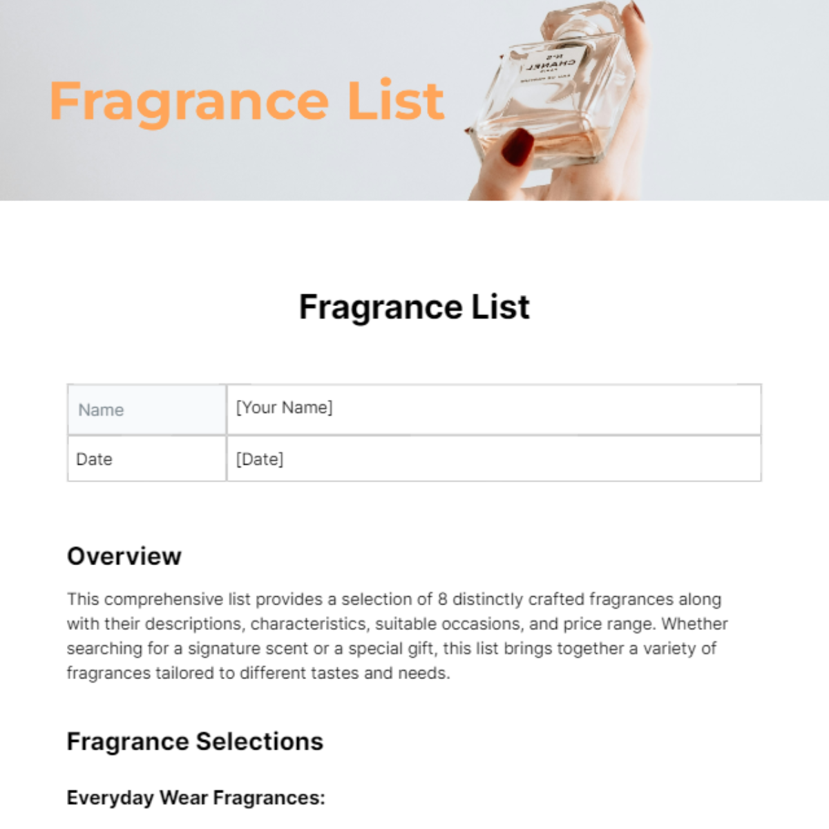 Fragrance List Template - Edit Online & Download