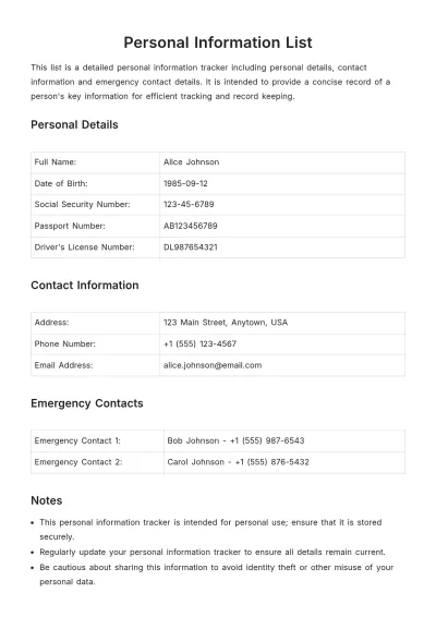Free Personal Information List Template to Edit Online