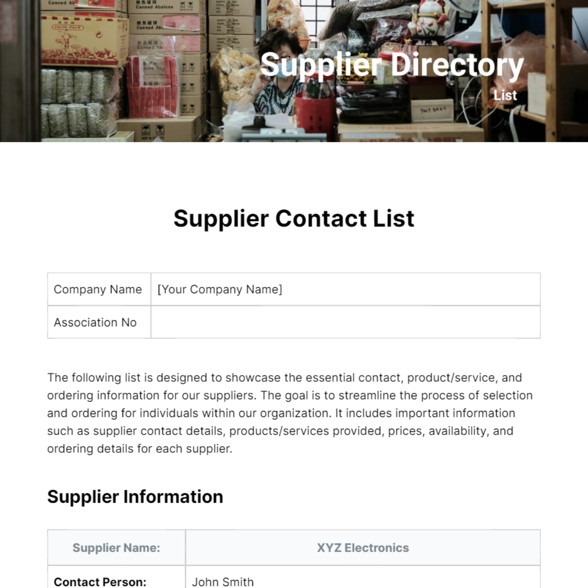 Supplier Contact List Template