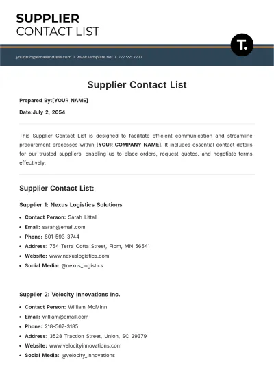 Free Supplier Contact List Template to Edit Online