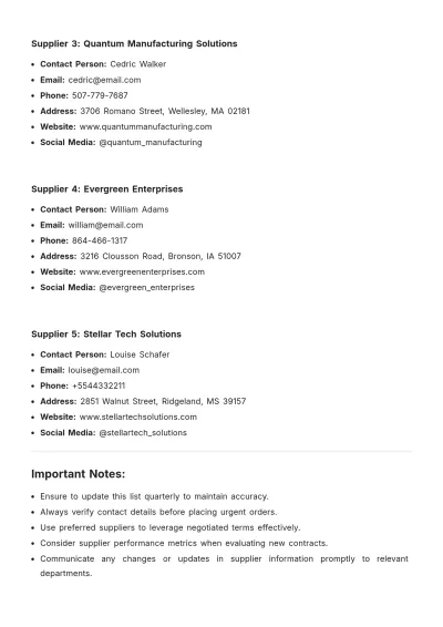 Free Supplier Contact List Template to Edit Online