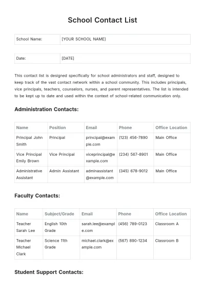 Free School Contact List Template to Edit Online